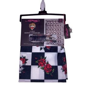 Ed Hardy Black & White Checkerboard Shower Curtain with Red Roses NEW